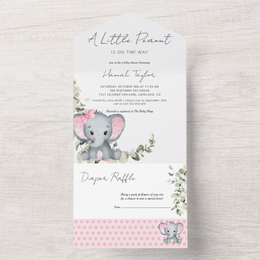 Elephant Girl Baby shower All In One Uitnodiging (Binnen)