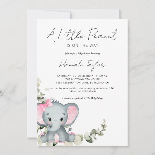Elephant Girl Baby shower Invitation Kaart (Voorkant)
