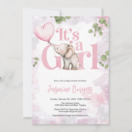 Elephant Girl Baby shower Invitation Kaart (Voorkant)