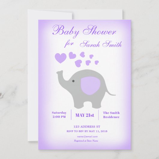 Elephant Girl Baby shower Invitation Paars Hearts Kaart (Voorkant)