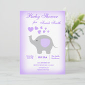 Elephant Girl Baby shower Invitation Paars Hearts Kaart (Staand voorkant)