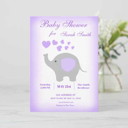Elephant Girl Baby shower Invitation Paars Hearts Kaart (Staand voorkant)