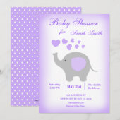 Elephant Girl Baby shower Invitation Paars Hearts Kaart (Voorkant / Achterkant)