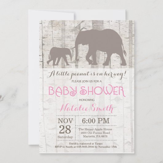 Elephant Girl Baby shower Invitation Rustic Kaart (Voorkant)