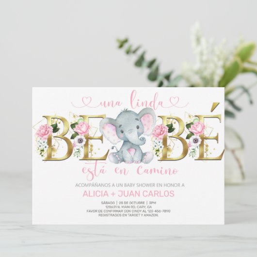 Elephant girl baby shower-uitnodiging, Spaans. Kaart (Staand voorkant)