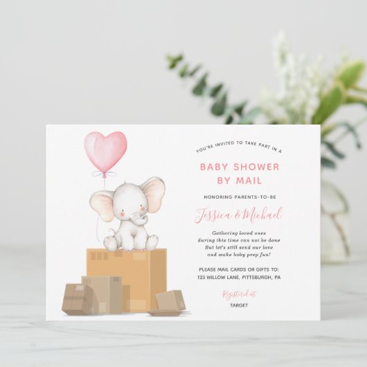 Elephant Girl Baby shower via Mail-uitnodiging Kaart (Staand voorkant)