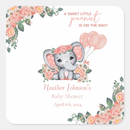 Elephant Girl Baby shower Vierkante Sticker (Voorkant)