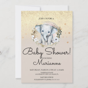 Elephant Girl Boy Baby shower Faux Gold Glitter Kaart