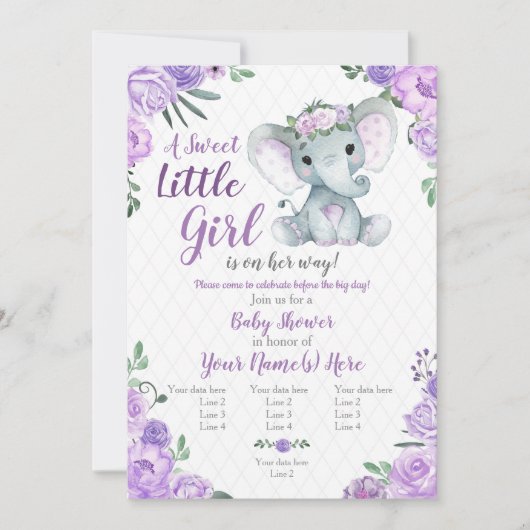 Elephant Girl Invitation, Floral rustic, paars Kaart (Voorkant)