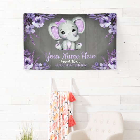 Elephant Girl Paars Bow Backdrop Banner Floral (Insitu)