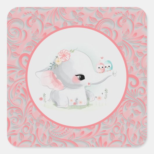Elephant Girl Pink Baby shower Vierkante Sticker (Voorkant)