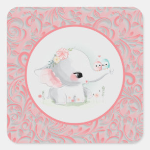 Elephant Girl Pink Baby shower Vierkante Sticker