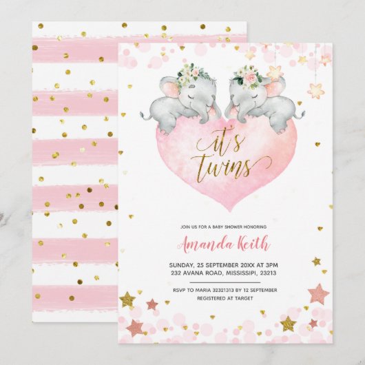 Elephant Girl Twins Baby shower Invitation Kaart (Voorkant / Achterkant)