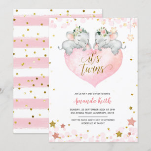 Elephant Girl Twins Baby shower Invitation Kaart