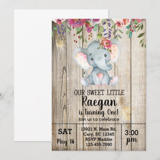 Elephant girl-uitnodiging, wit hout. kaart (Voorkant / Achterkant)