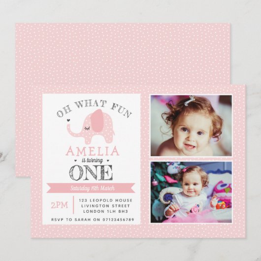 Elephant Girls 1e verjaardag Uitnodiging (Voorkant / Achterkant)