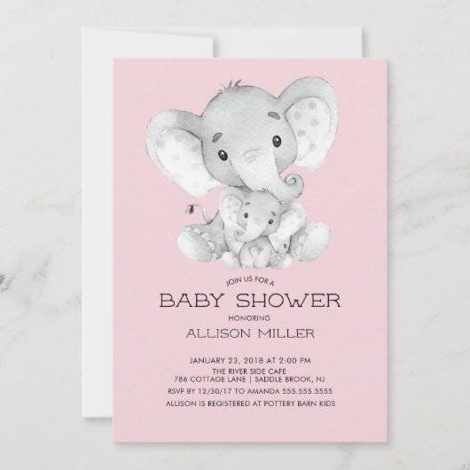 Elephant Girls baby shower Invitation Kaart (Voorkant)