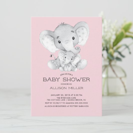 Elephant Girls baby shower Invitation Kaart (Staand voorkant)