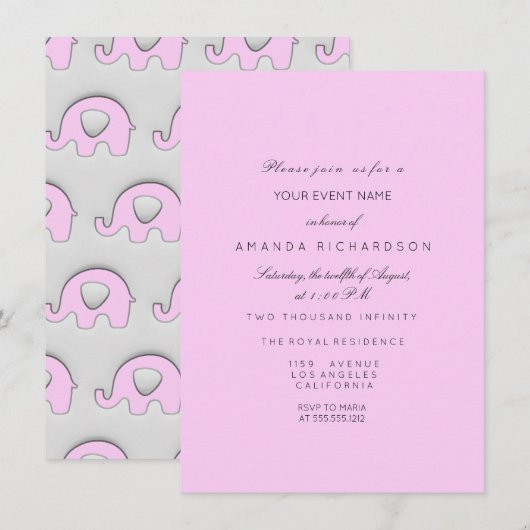 Elephant Glitter Baby shower Girl Gray Pink Kaart (Voorkant / Achterkant)