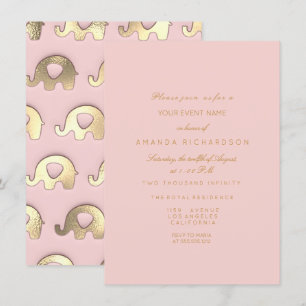 Elephant Glitter Pink Gold Birthday Shower Glass Kaart