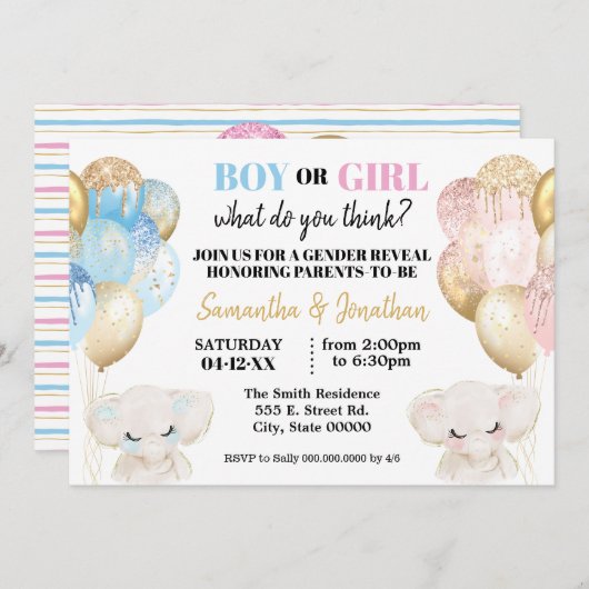 Elephant Gold glitter Balloons gender Kaart (Voorkant / Achterkant)