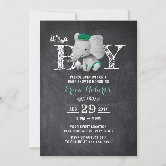 Elephant Golf Boy Rustic Chalkboard Baby shower Kaart (Voorkant)