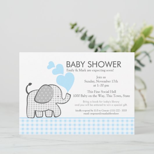 Elephant Gray Gingham-Baby shower Kaart (Staand voorkant)