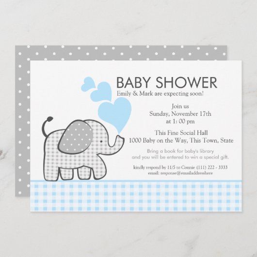 Elephant Gray Gingham-Baby shower Kaart (Voorkant / Achterkant)