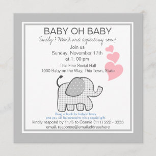 Elephant Gray Gingham-Baby shower Kaart
