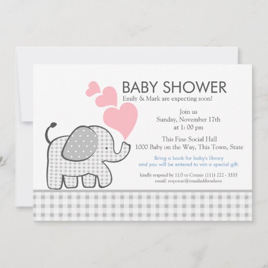 Elephant Gray Gingham-Baby shower Kaart (Voorkant)