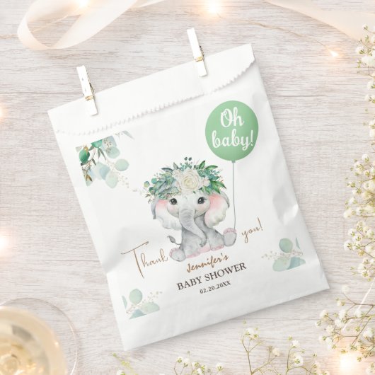 Elephant Green Balloon Gender Neutral Baby Shower Bedankzakje (Geknipt)