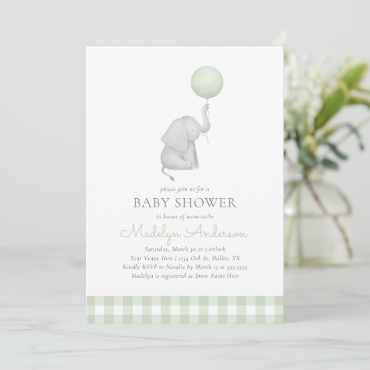 Elephant Green Balloon Gender Neutral Baby Shower Kaart (Staand voorkant)