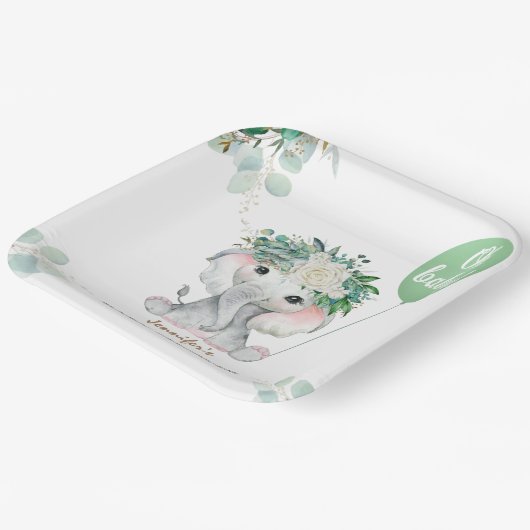 Elephant Green Balloon Gender Neutral Baby Shower Papieren Bordje (Gebogen)