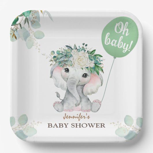 Elephant Green Balloon Gender Neutral Baby Shower Papieren Bordje (Voorkant)