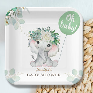 Elephant Green Balloon Gender Neutral Baby Shower Papieren Bordje