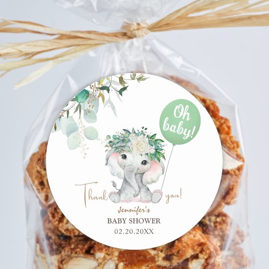 Elephant Green Balloon Gender Neutral Baby Shower Ronde Sticker