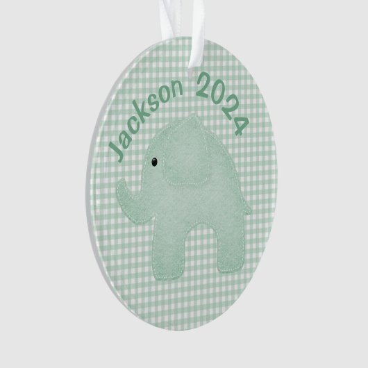 Elephant Green Play Gingham Personalized Nursery Ornament (voorkant)