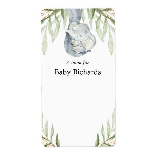Elephant greenery baby shower book labels stickers (Voorkant)