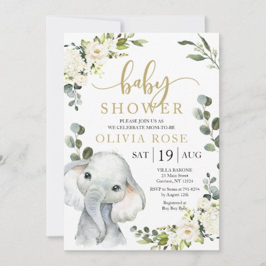 Elephant Greenery Baby shower Invite