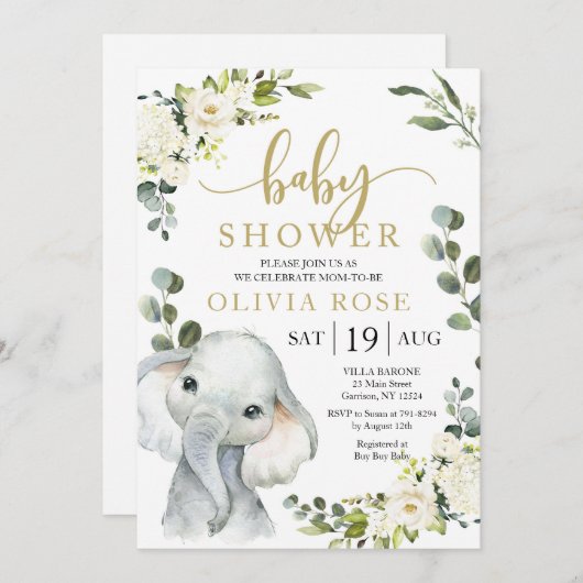 Elephant Greenery Baby shower Invite (Voorkant / Achterkant)
