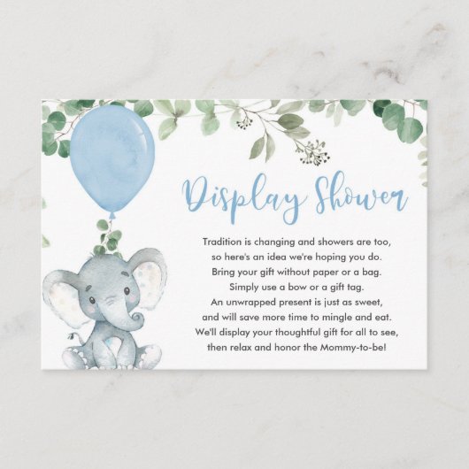 Elephant greenery blue ballondisplay douche informatiekaartje (Voorkant)