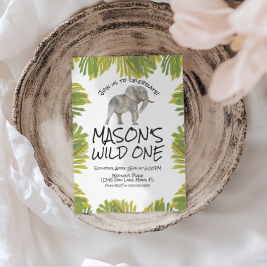 Elephant Greenery First Birthday Kaart