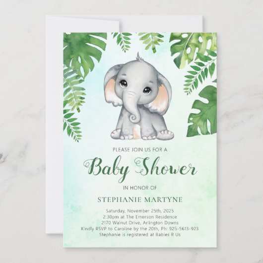 Elephant Greenery Foliage Waterverf Baby shower I Kaart (Voorkant)