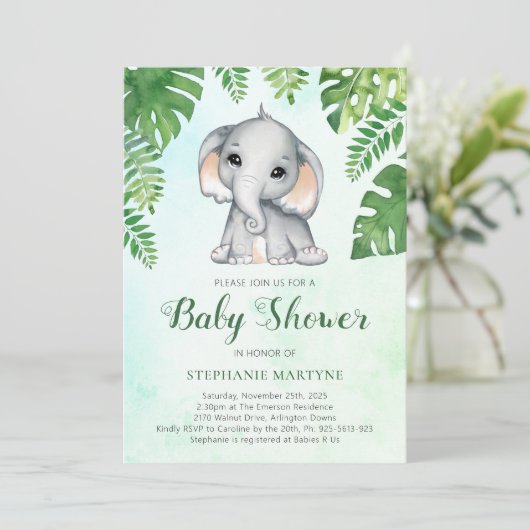 Elephant Greenery Foliage Waterverf Baby shower I Kaart (Staand voorkant)