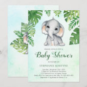 Elephant Greenery Foliage Waterverf Baby shower I Kaart (Voorkant / Achterkant)
