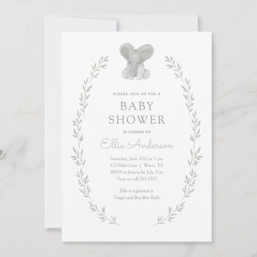 Elephant Greenery Gender Neutral Baby shower Kaart (Voorkant)