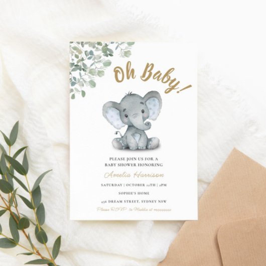 Elephant Greenery Gender Neutral Baby shower Kaart