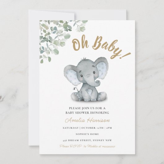 Elephant Greenery Gender Neutral Baby shower Kaart (Voorkant)