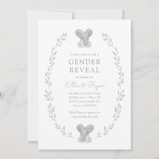 Elephant Greenery Gender Rekaly Party Kaart (Voorkant)