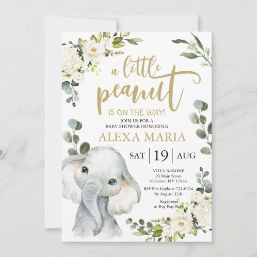 Elephant Greenery Peanut Baby shower Invite (Voorkant)